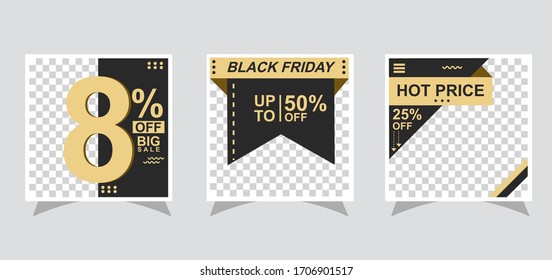 Banner web de la plaza de promoción Gold Modern para aplicaciones móviles de medios sociales. Elegantes promociones de venta y descuento para marketing digital
