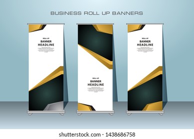 Gold Modern Roll Up Banner. Golden Color standing banner template design for Advertising