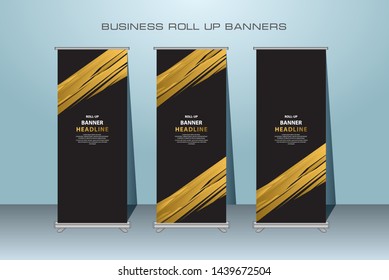 Gold Modern Roll Up Banner. Golden Color standing banner template design for Advertising.