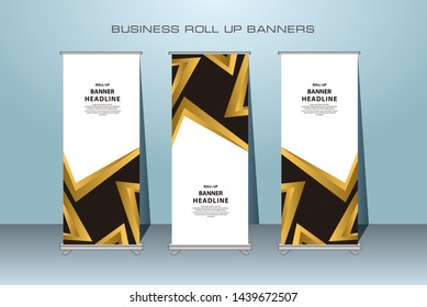 Gold Modern Roll Up Banner. Golden Color standing banner template design for Advertising.