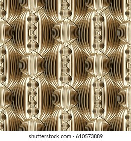 Gold modern seamless pattern. Geometric abstract  background wallpaper illustration with surface striped tiled golden circles. Stylish ornament with shadows and highlights.Vector luxury  texture.