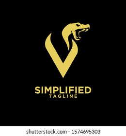 gold modern viper head with initial v logo icon design vector