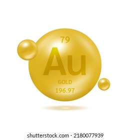 Gold molecule models golden and chemical formulas scientific element. Natural gas. Ecology and biochemistry concept. Isolated spheres on white background. 3D Vector Illustration.