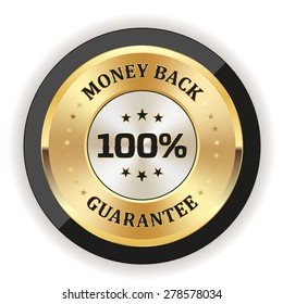 Gold money back badge with black border on white background