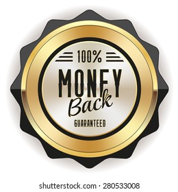 Gold money back badge with black border on white background
