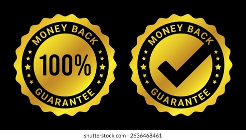 gold money back guarantee badge icons with 100 percent and check mark on black background	
