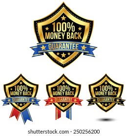 Gold Money Back Guarantee Shield with Red, White and Blue Ribbon