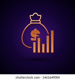 Gold Money bag and diagram graph icon isolated on dark blue background. Financial analytics, budget planning, finance managemen.   Vector Illustration