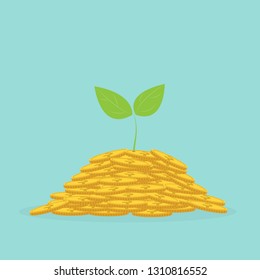 Gold money bag with green leaf, Investment concept