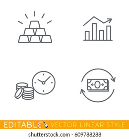 gold, money, chart, time icon set Editable line sketch. Stock vector illustration