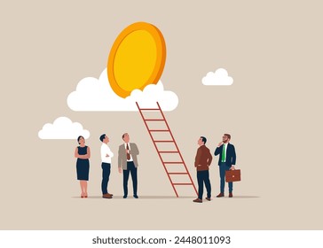 Gold money coin on cloud. Get rich fast or strategy to achieve target. Modern flat vector illustration.