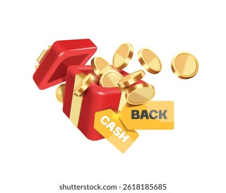 Moedas de ouro ou dinheiro em dólar e distintivos promocionais Cash Back flutua fora da caixa de presente vermelha para a faixa publicitária na campanha, quanto mais você comprar mais você recebe um reembolso, ilustração 3D vetorial isolada