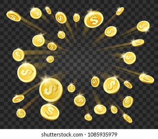 Gold money explosion. Shiny cash dollar coins explosion on transparent background, casino winner rain vector illustration