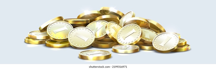  Gold money heap, gambling or banking concept.  Vector isolated symbol of golden dollar coins money stack placer for casino poker jackpot win game or rich wealth and banking currency or lottery design