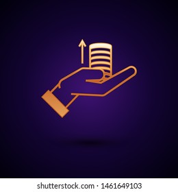 Gold Money on hand icon isolated on dark blue background. Palm holds cash with arrow up. Cash salary increase. Rising prices. Vector Illustration Gold Money on hand icon isolated on dark blue background. Palm holds cash with arrow up. Cash salary increase. Rising prices. Vector Illustration