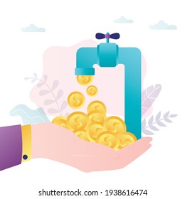 Gold money pouring out of tap. Male hand holds pile of gold coins. Businessman catches profit. Concept of passive income, financial freedom and internet salary. Trendy flat vector illustration