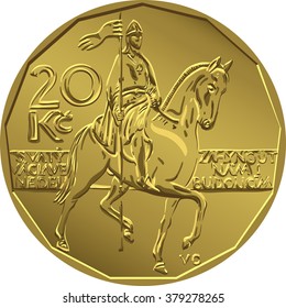 Gold money, reverse of the coin twenty czech crones with figure 20 and a sign of the crown to the left of the stylized image of the equestrian statue of St Wenceslas on Wenceslas Square in Prague