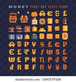 Gold money sign pixel art icons set. Currency symbols dollar, bitcoin, euro, ruble, yuan, yen, pound, gold bar and coin. Design for mobile app, web, logo. Isolated vector illustration. 8-bit sptites.