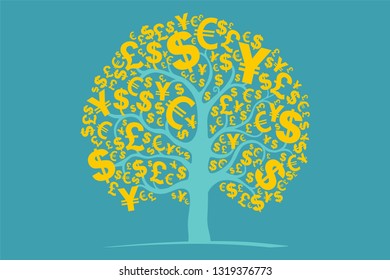 Gold money tree.  Symbol of successful business. Money Tree Logo Template Design. Vector Illustration