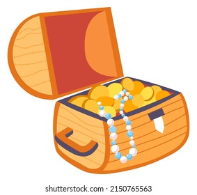 Gold and money, wealth and jewelry in treasure chest. Wooden casket with abundance of shily gemstones, brilliant and necklaces. Reward and trophy in adventure or voyage. Vector in flat style