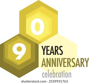 gold monochrome color with number 90 white color on beehive shape and the words years anniversary celebration, isolated on white background.