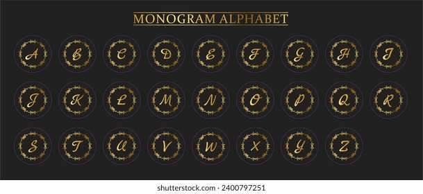 Gold Monogram Alphabet and Floral Motifs, Monogram Letters with Line Floral Arrangements