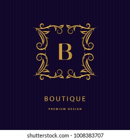 Gold Monogram design elements, graceful template. Calligraphic Elegant line art logo. Letter B emblem identity for Restaurant, Royalty, Boutique, Cafe, Hotel, Heraldic, Jewelry, Fashion, Wine. Vector