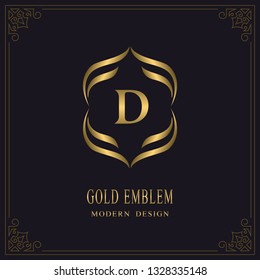 Gold Monogram. Letter D. Graceful Emblem Template. Simple Logo Design for Luxury Crest, Royalty, Business Card, Boutique, Hotel, Heraldic, Restaurant. Calligraphic Vintage Border. Vector illustration