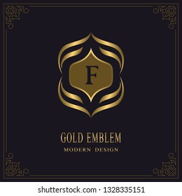 Gold Monogram. Letter F. Graceful Emblem Template. Simple Logo Design for Luxury Crest, Royalty, Business Card, Boutique, Hotel, Heraldic, Restaurant. Calligraphic Vintage Border. Vector illustration