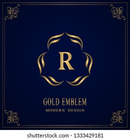 Gold Monogram. Letter R. Graceful Emblem Template. Simple Logo Design for Luxury Crest, Royalty, Business Card, Boutique, Hotel, Heraldic, Restaurant. Calligraphic Vintage Border. Vector illustration