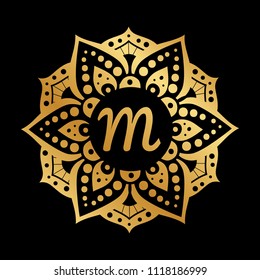 gold monogram , mandala frame. Circular figure representing the universe in Hindu and Buddhist symbolism