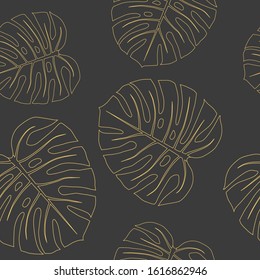 Gold monstera leaves vector seamless pattern on black background. Collection of tropical leaves, print for logo, clothes, cloth, textile, swimwear, fabric, wallpaper. Cute and bright summer background