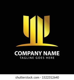 GOLD MONUMENT LOGO TEMPLATE ISOLATED ON DARK BACKGROUND. TOWER BUILDING ICON. VECTOR ILUSSTRATION.