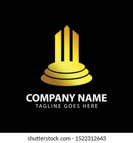 GOLD MONUMENT LOGO TEMPLATE ISOLATED ON DARK BACKGROUND. TOWER BUILDING ICON. VECTOR ILUSSTRATION.