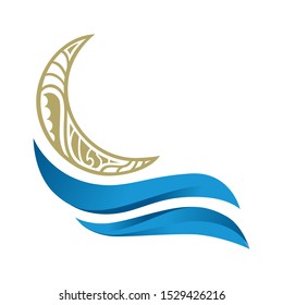 gold moon and blue water waves, vector