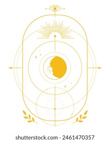 Gold moon with celestial symbols. Composition of esoteric, occult, alchemical and witch symbols. Vector illustration.