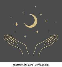 Gold Moon and Hands on the dark Background. Vector Illustration.