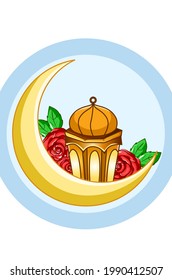 Luna de oro con linterna en la ilustración de caricatura de ramadan mubarak