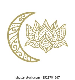 Gold moon and lotus flower, vector