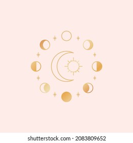 Fases Gold Moon. Diseño de tarot lunar y solar. Ilustración vectorial de icono dorado.