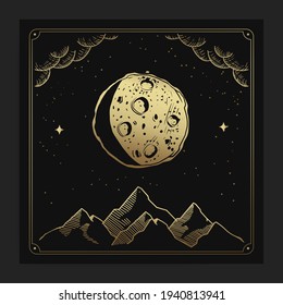 Gold moon or planet with engraving, hand drawn, luxury, esoteric, boho style, fit for paranormal, tarot reader, astrologer or tattoo 