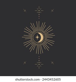 Gold moon with rays celestial tattoo or tarot astrology magic element, stars, burst minimal line border or decoration isolated on dark background. Space symbols, emblem.