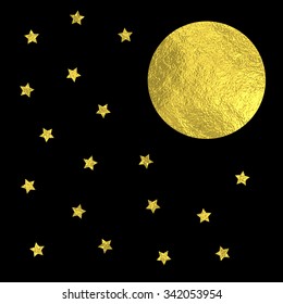 Gold moon and stars in the night sky. Vector background for greeting cards, tag, labels, party invitations.