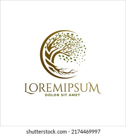 Gold Moon Tree Crescent Root Leaf Logo Design Template