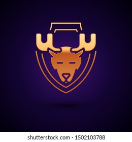 Gold Moose head on shield icon isolated on dark blue background. Hunting trophy on wall.  Vector Illustration