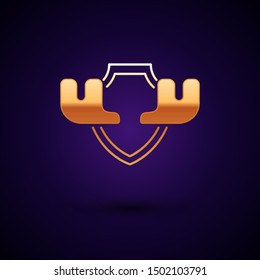 Gold Moose horns on shield icon isolated on dark blue background. Hunting trophy on wall.  Vector Illustration