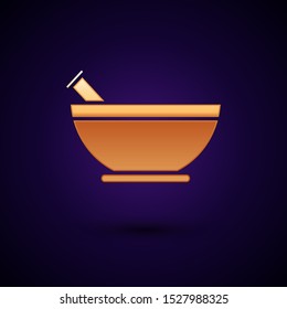 Gold Mortar and pestle icon isolated on dark blue background.  Vector Illustration