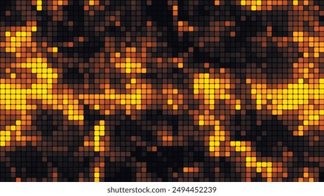 Gold mosaic background in technology concept. Abstract multicolored LED squares. Technology digital square yellow color background. Bright pixel grid background. Vector background