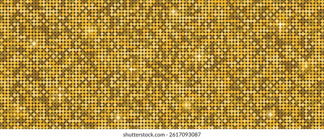 Gold mosaic dot tile background, abstract circle pattern with disco ball effect, golden tile bg. Party poster graphic, flyer templater, party photo wall. 