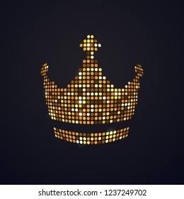 Gold mosaic dots crown vector isolated logo on dark background. Pixel art logotype of diadema, corona design element